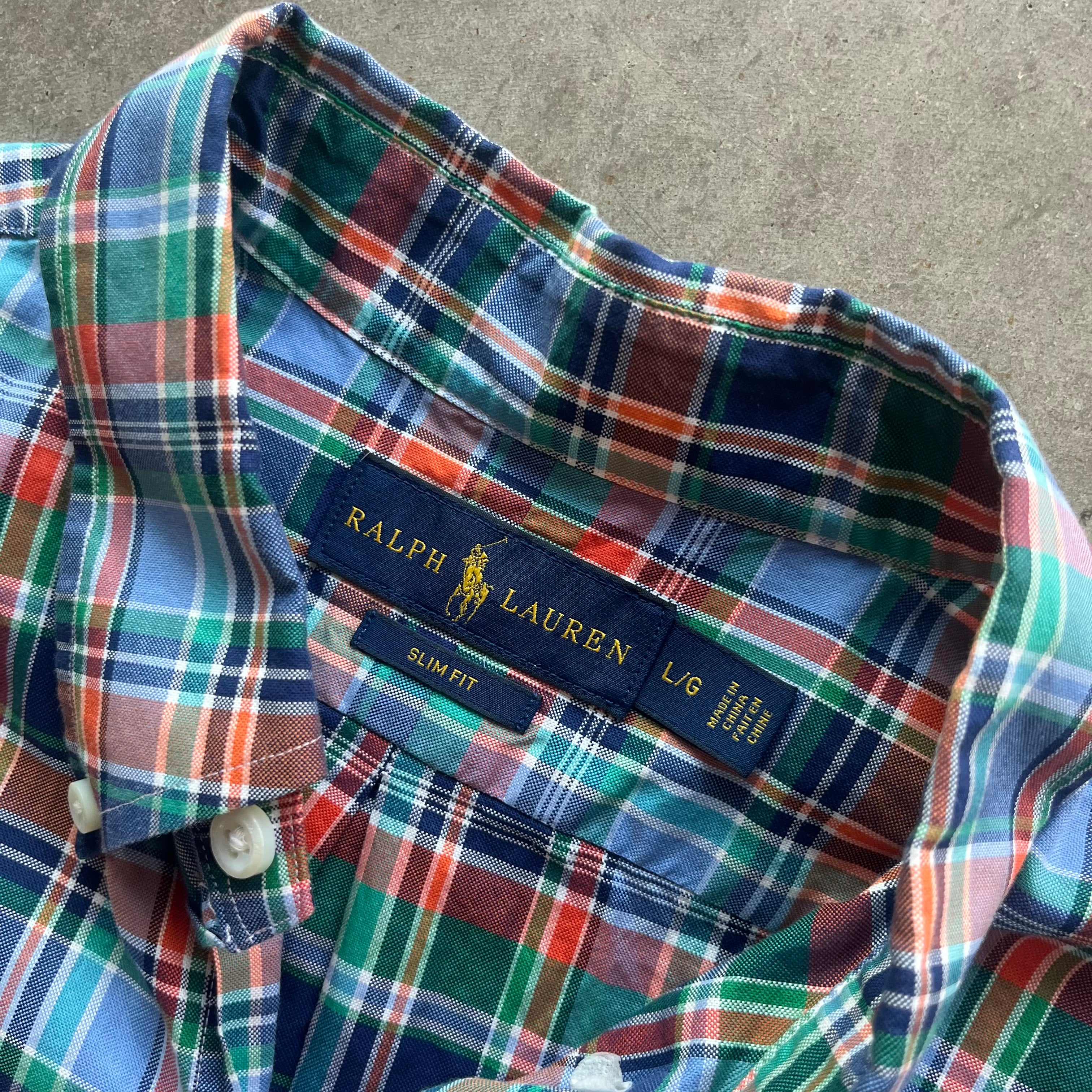 L Orange Plaid Polo Button Up