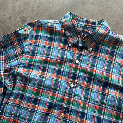 L Orange Plaid Polo Button Up