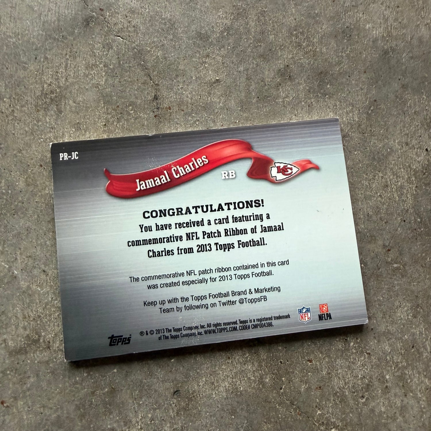 Jamaal Charles 2013 Topps Breast Cancer Awareness Patch Card