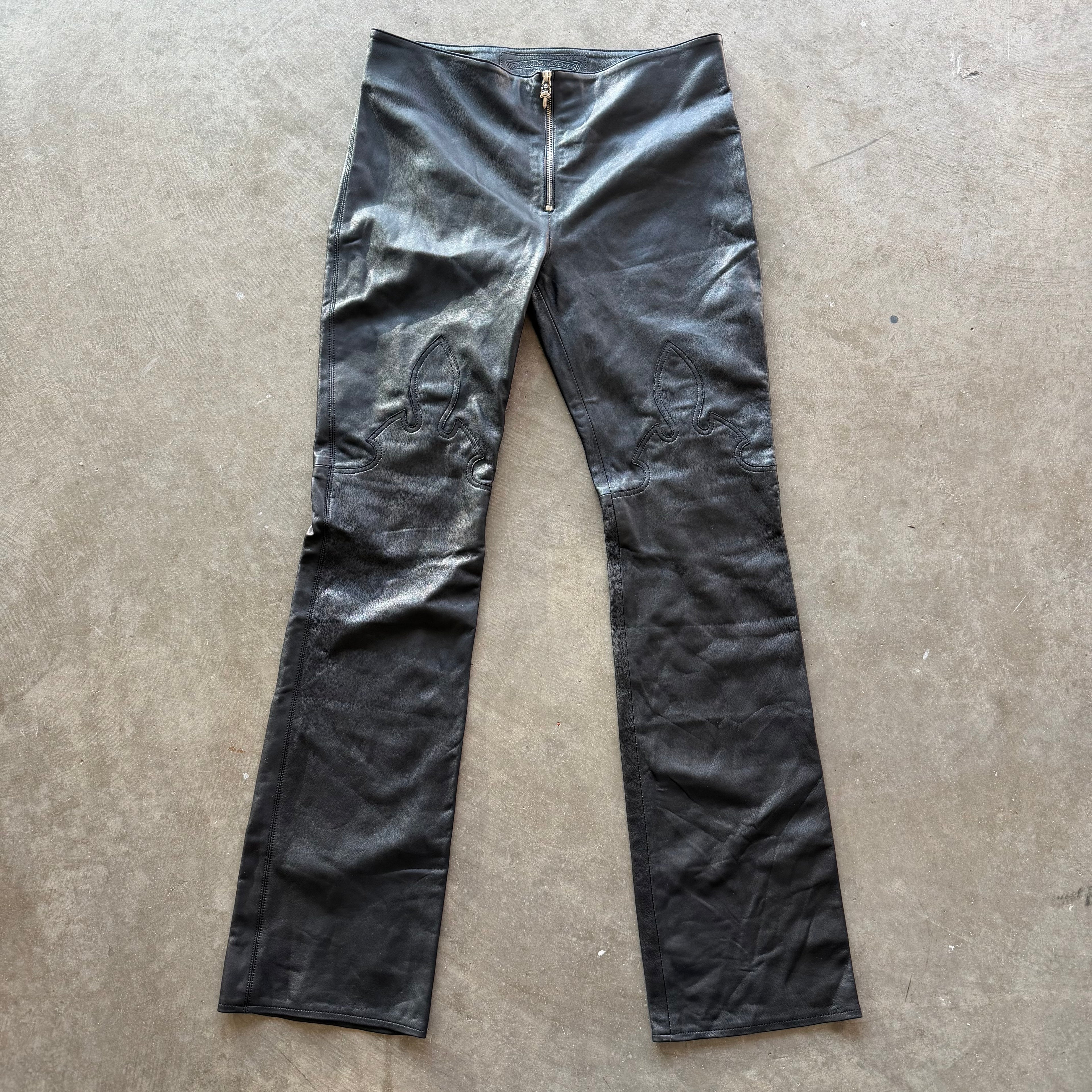 Chrome Hearts Leather Fleur Knee Dagger Zipper Pants