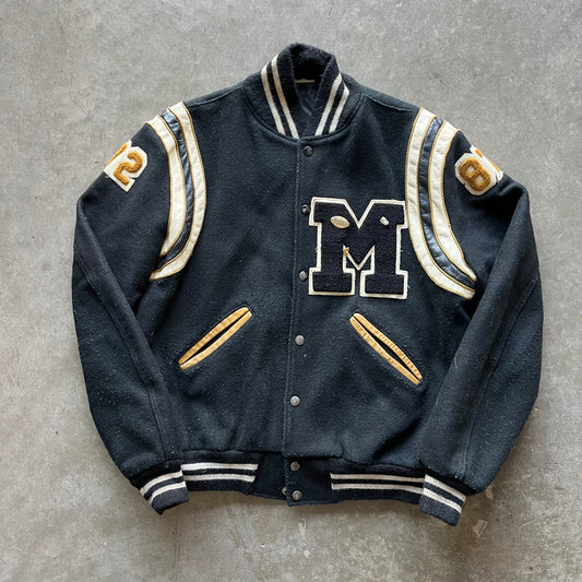 L 80s Black Letterman Jacket