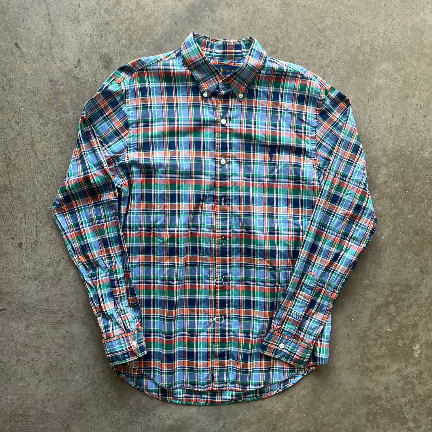 L Orange Plaid Polo Button Up