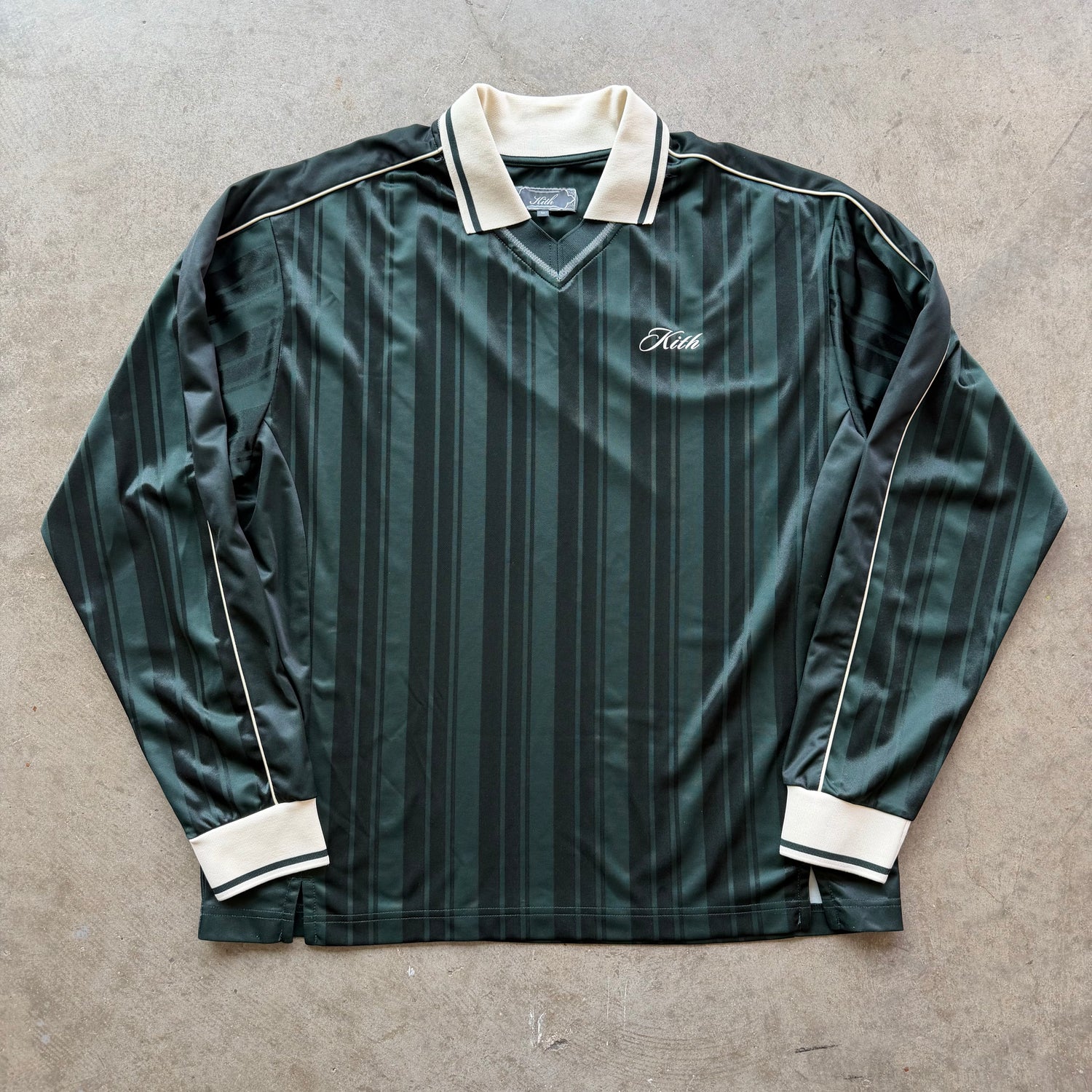 M Kith Pinstripe Tricot L/S Tap in Polo Green