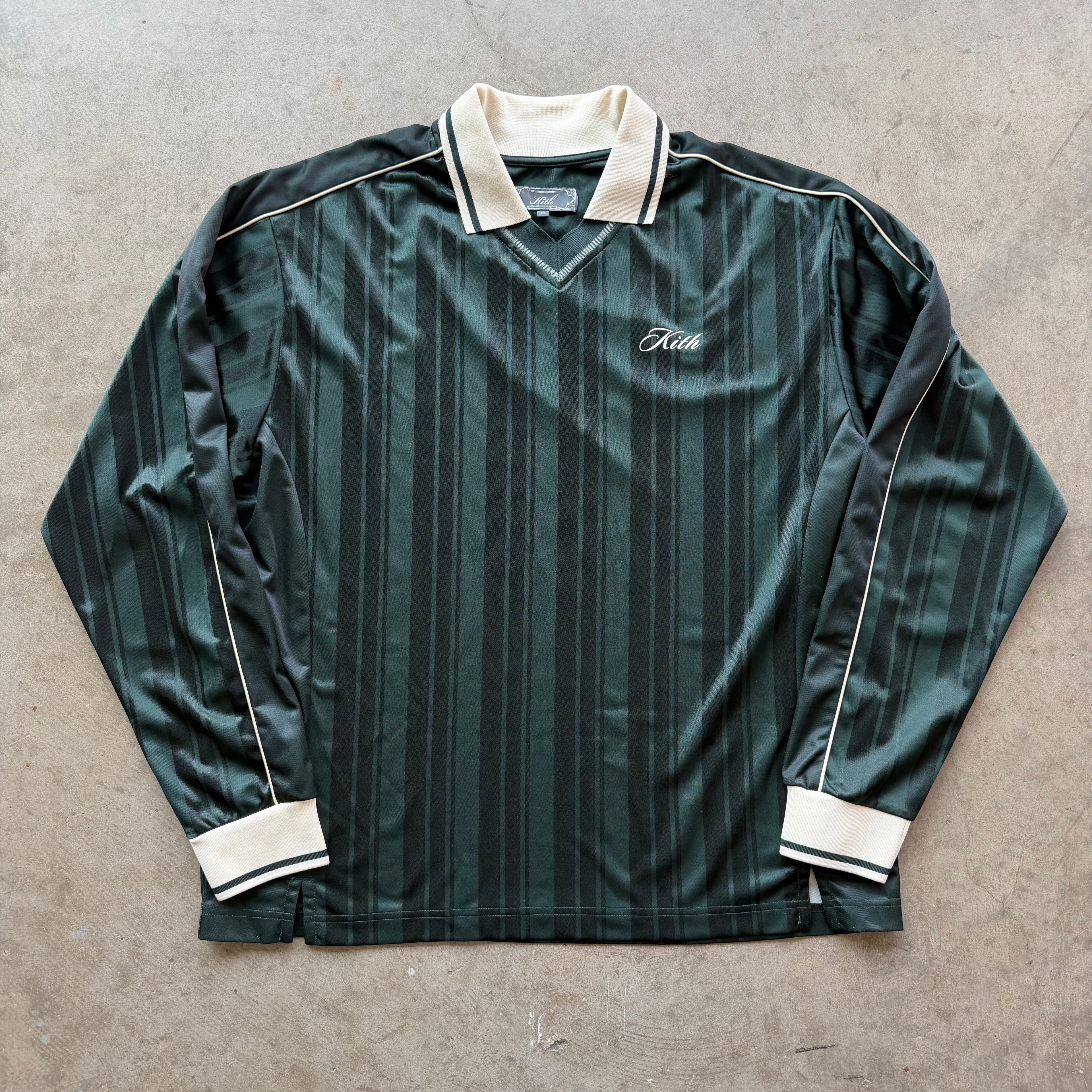 M Kith Pinstripe Tricot L/S Tap in Polo Green