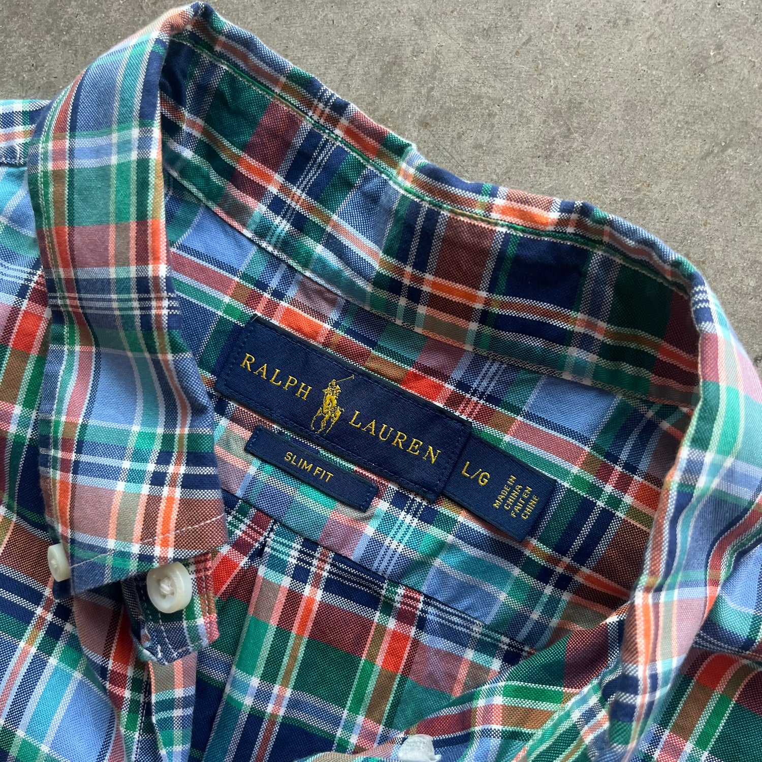 L Orange Plaid Polo Button Up
