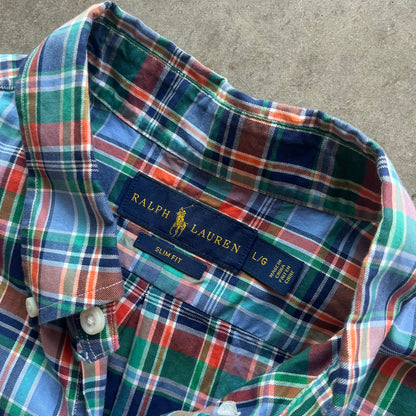 L Orange Plaid Polo Button Up