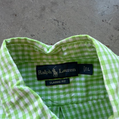 L 90s Green Striped Polo Button Up
